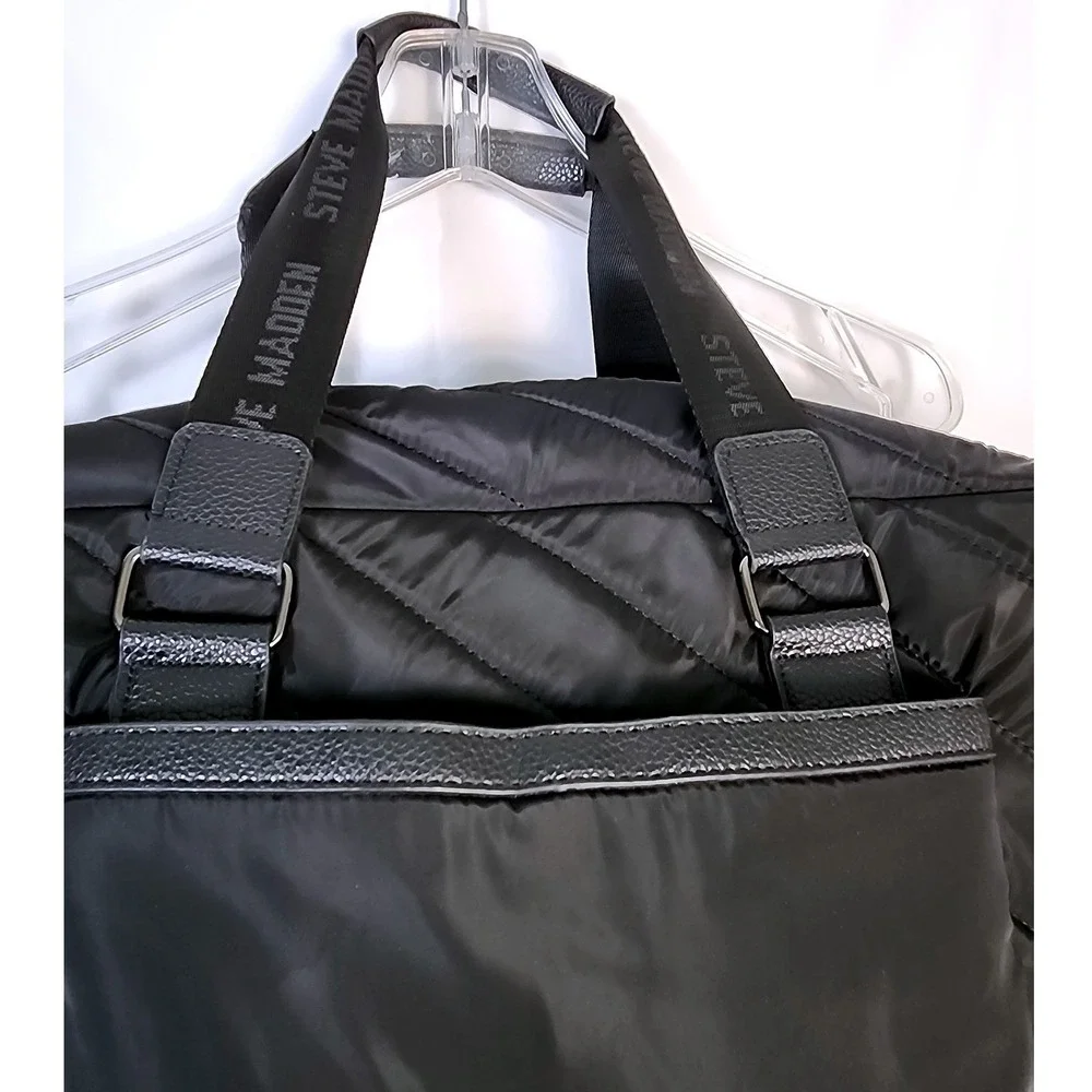 Steve Madden‎ Black Quilted Nylon Duffle Weekender Bag Yellow Logo Graphic Mens